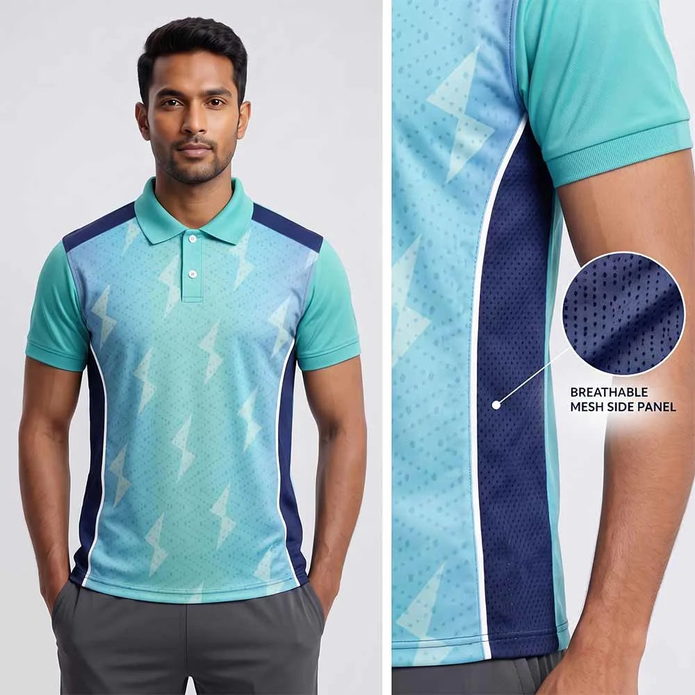 Model wearing Aqua Lightning polo jersey beside mesh side-panel close-up