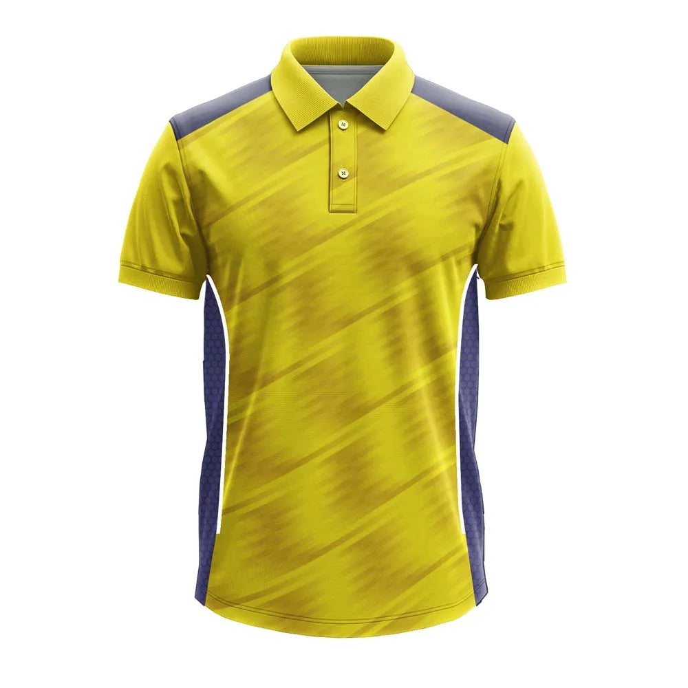 Yellow Diagonal Streak cricket polo jersey, front view with blue-grey mesh side panels
