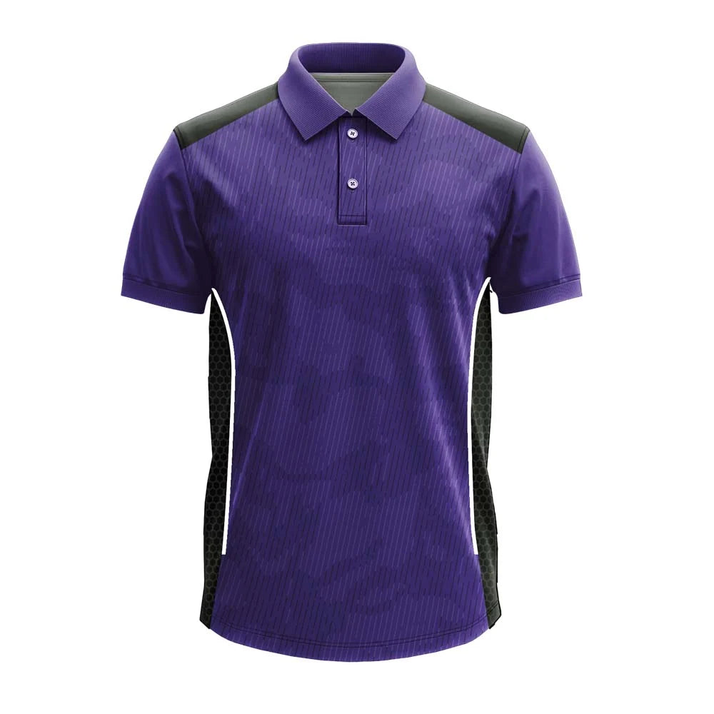 Purple Fine Stripe cricket polo jersey, front view with black mesh side panels