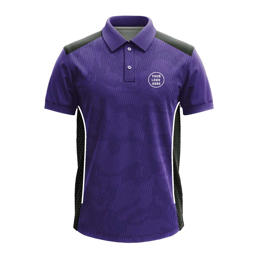 Purple Fine Stripe polo jersey front showing optional team logo placement