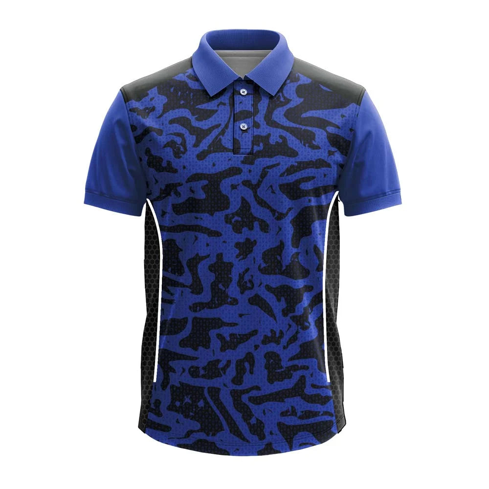Royal Blue Camo cricket polo jersey, front view with black mesh side panels