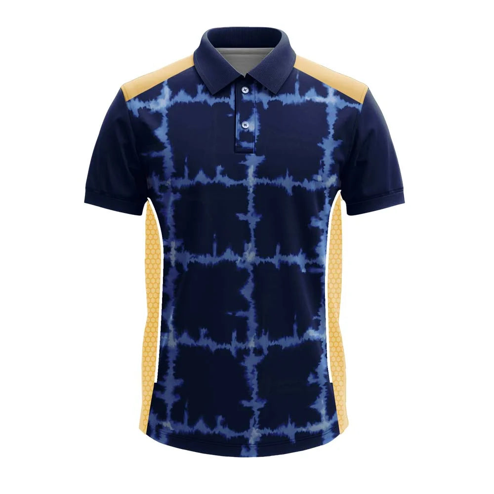 Navy Tie-Dye Grid premium polo jersey, front view with gold side panels