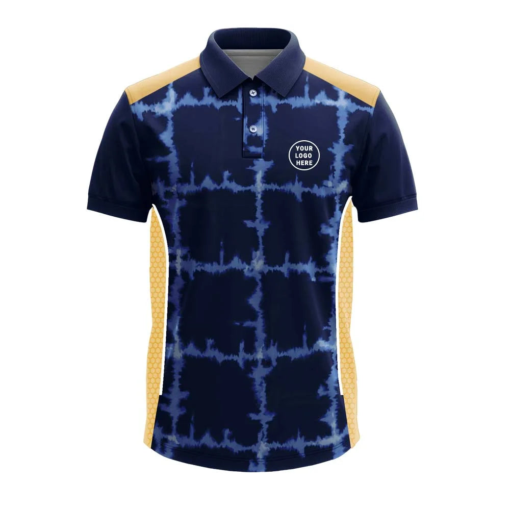 Navy Tie-Dye Grid polo jersey front showing optional team logo placement