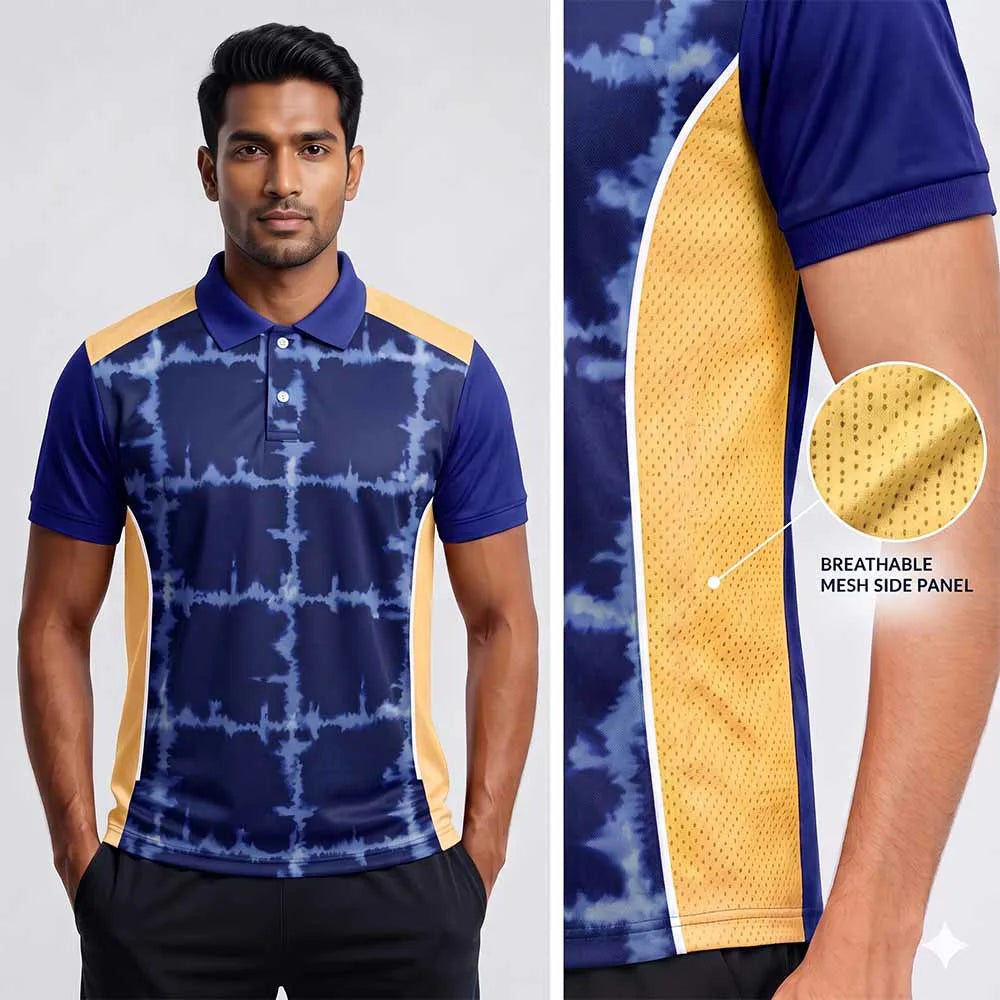 Model wearing Navy Tie-Dye Grid polo jersey beside a close-up of its gold side panel