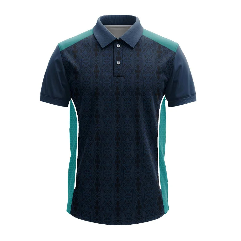 Dark Navy Geometric premium polo jersey, front view with teal side panels