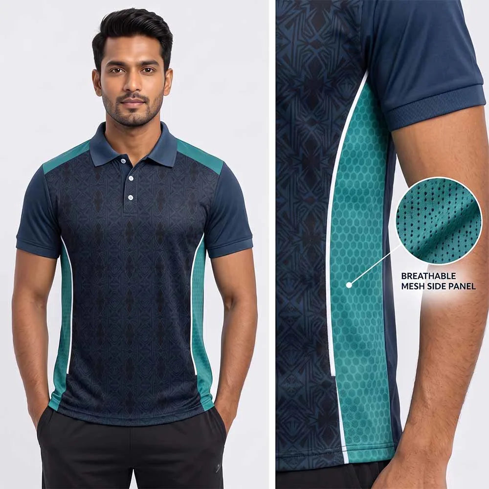 Model wearing Dark Navy Geometric polo jersey beside a close-up of its teal side panel