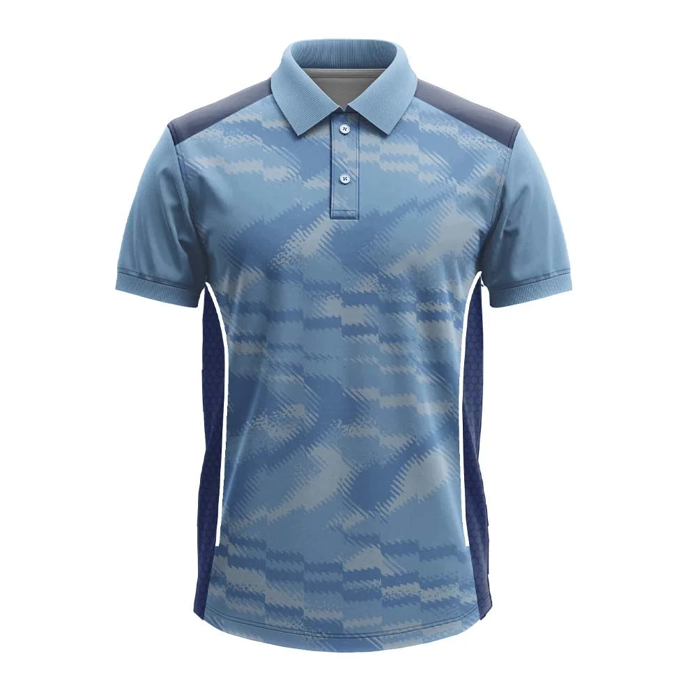 Light Blue Brush-Stroke premium polo jersey, front view with dark-blue side panels