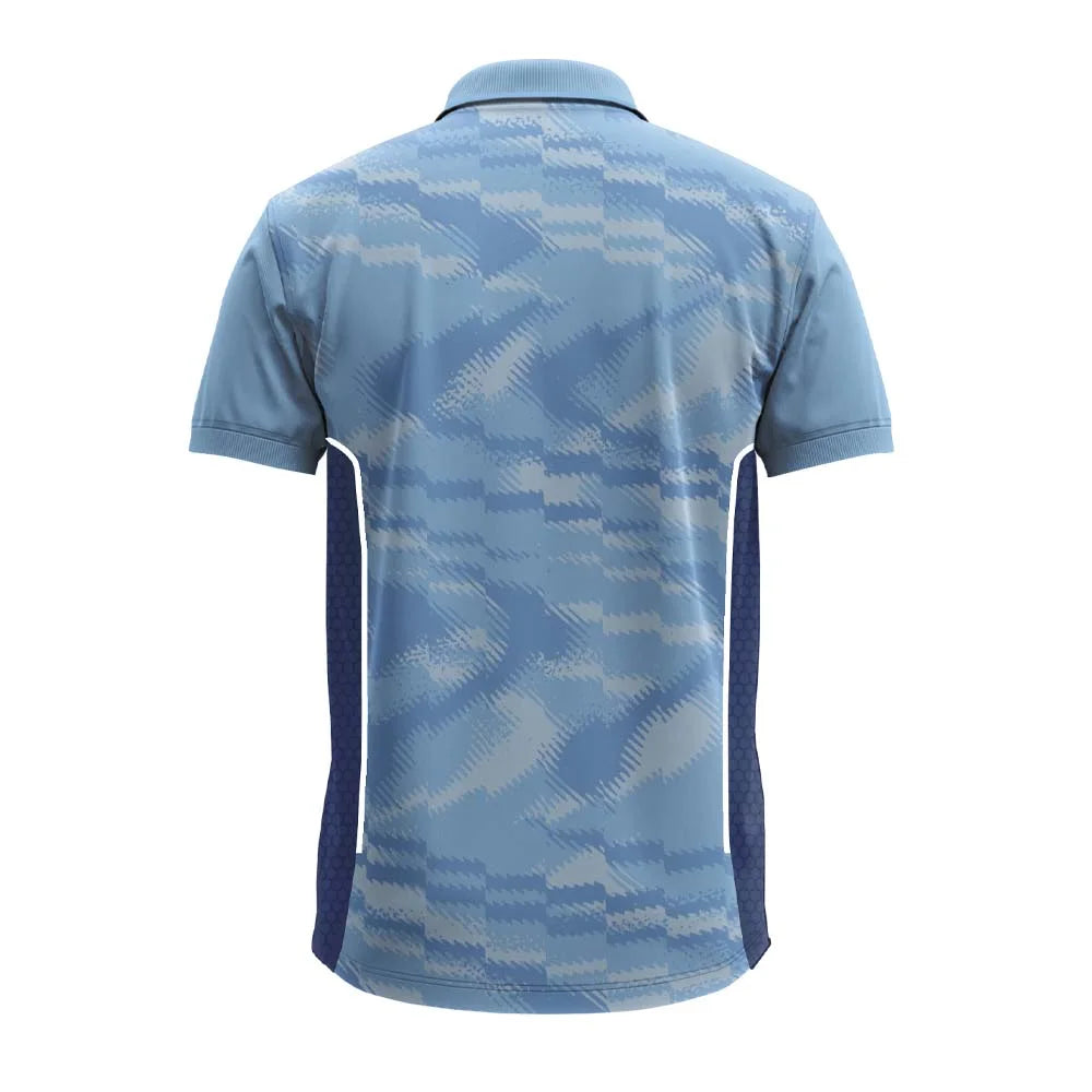Back view of the light blue brush-stroke premium polo jersey