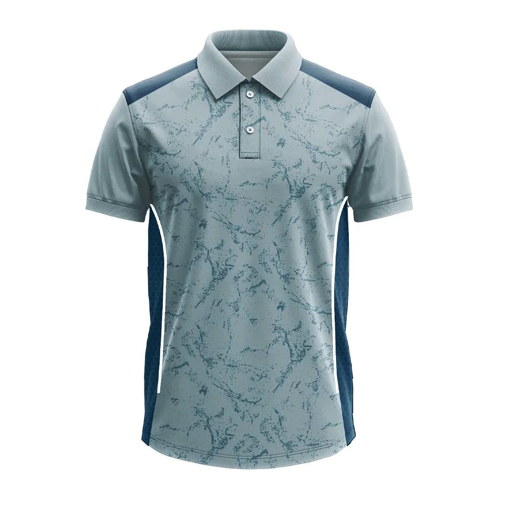 Slate Blue Marble premium polo jersey, front view with navy side panels