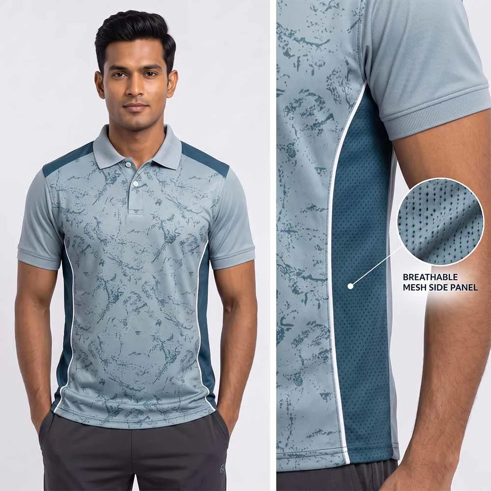 Model wearing Slate Blue Marble polo jersey beside a close-up of its navy side panel