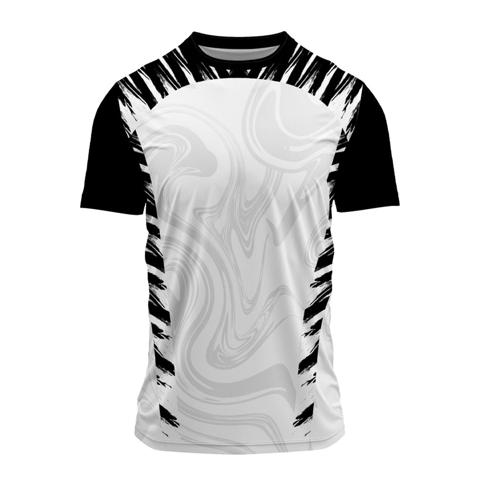 Black white abstract round neck jersey with monochrome marble pattern and bold brush-stroke detailing