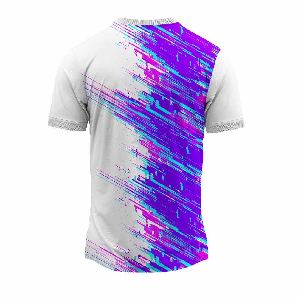 White round neck jersey with vibrant purple pink and cyan brush stroke abstract design