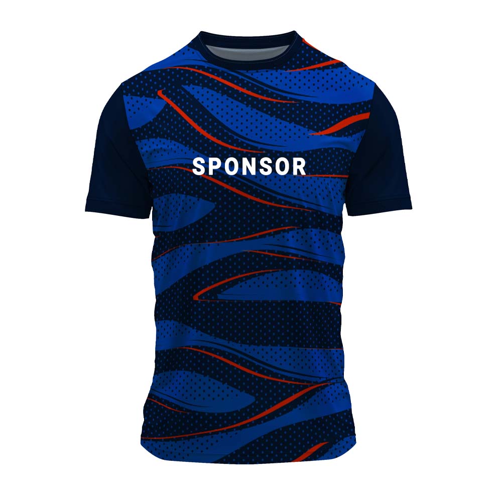 Blue wave print round neck sports jersey