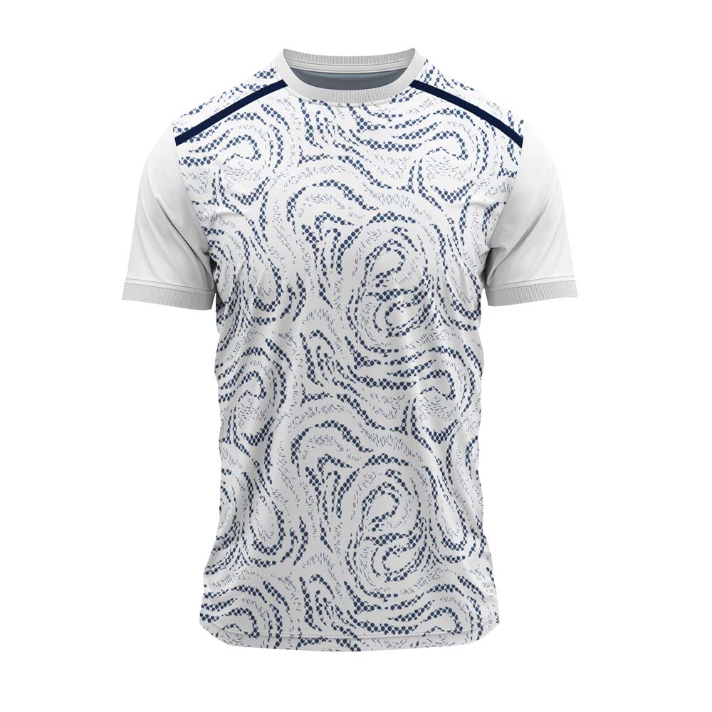 White round neck sports jersey featuring a navy paisley-inspired dotted print. Lightweight dry-fit polyester with customisation options for teams and events.