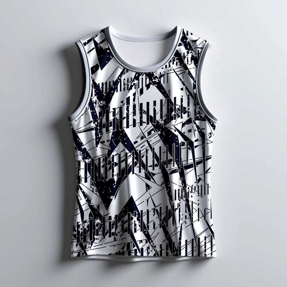 gym singlet for men, men's workout tank, geometric gym wear, sleeveless gym shirt, black and white gym singlet, men's athletic wear, quick dry gym top, fitness tank top, workout tank men, breathable gym shirt, polyester gym vest, men's sports singlet