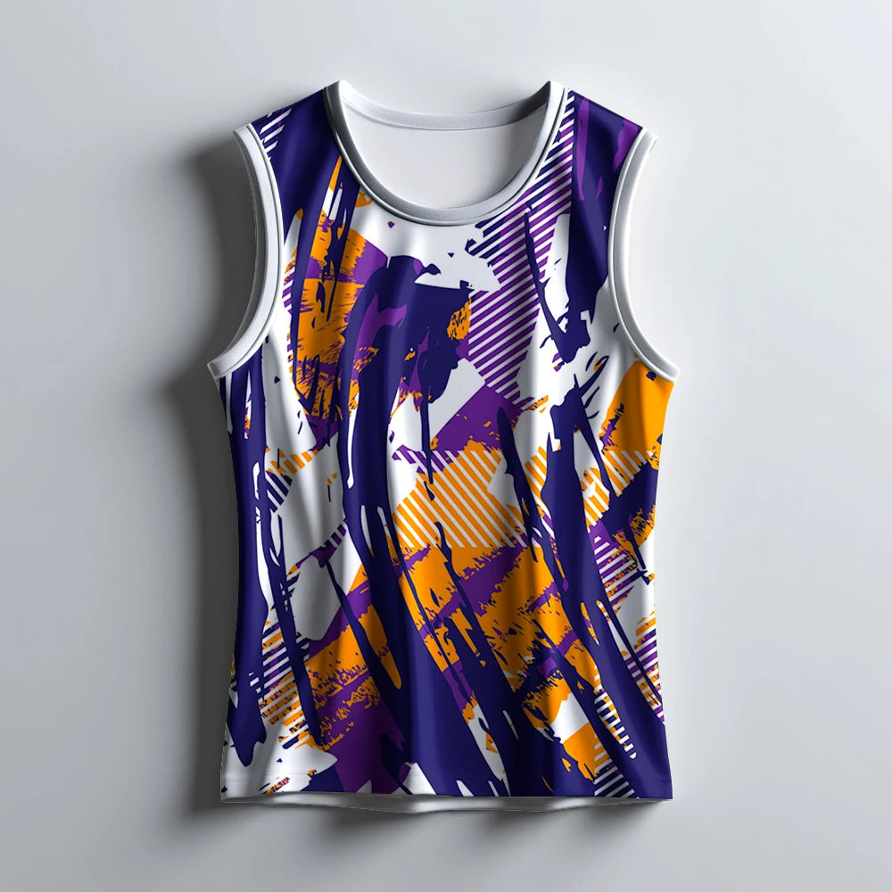 men's abstract sports singlet, purple orange jersey men, dry fit sleeveless jersey, performance gym tank top, summer sportswear men, digital print singlet, breathable running singlet, activewear jersey sleeveless, bold design gym jersey, moisture wicking singlet, custom team jerseys men, men’s cricket training jersey, men's workout shirt sleeveless