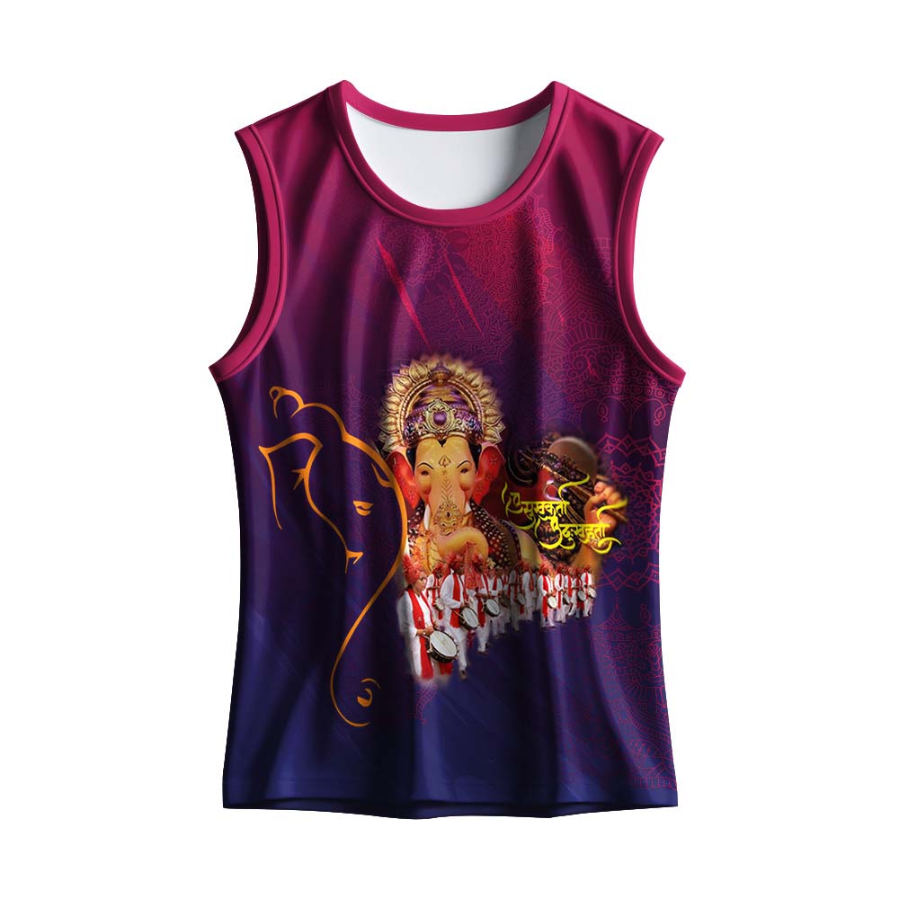 Custom maroon tank top featuring Lalbaugcha Raja Ganesha idol and dhol tasha procession.