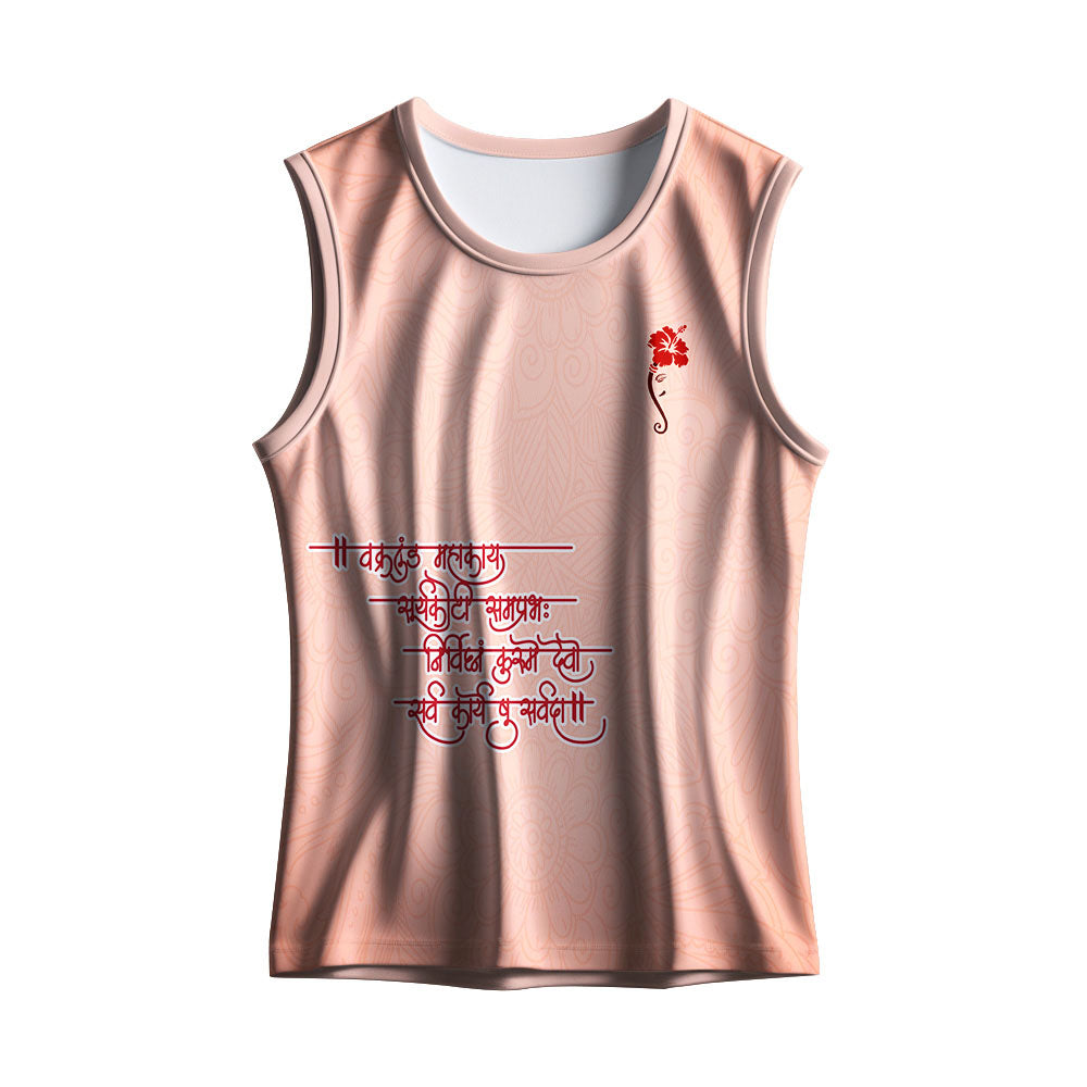 Personalised peach tank top with red Vakratunda Mahakaya Sanskrit mantra calligraphy.