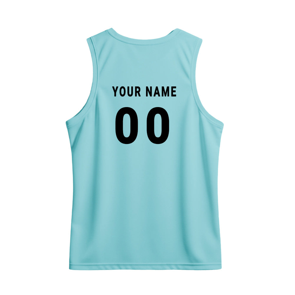 custom light blue athletic sando displaying customized name and number printing.