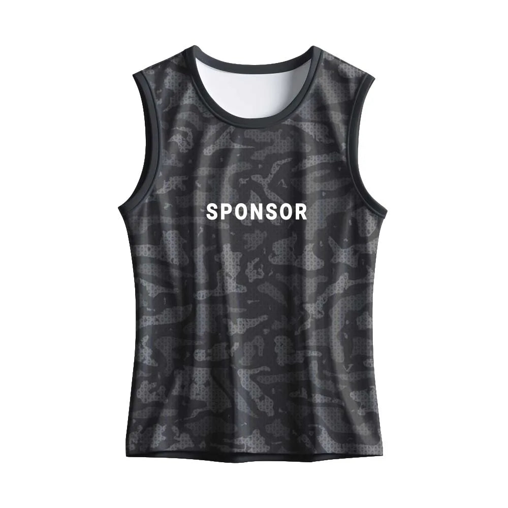 Front mockup of the charcoal camouflage singlet showing sponsor text placement