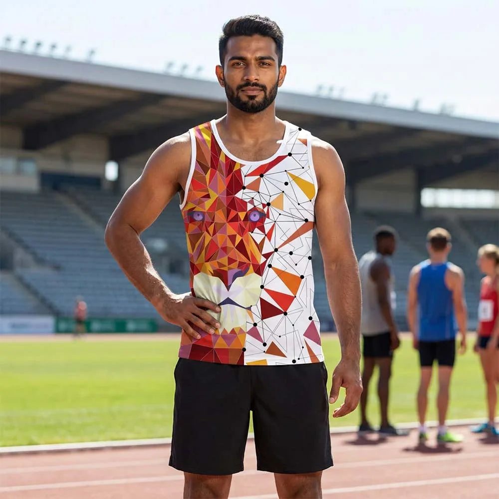 Model wearing white singlet with red, orange and yellow geometric print and black shorts at a running track