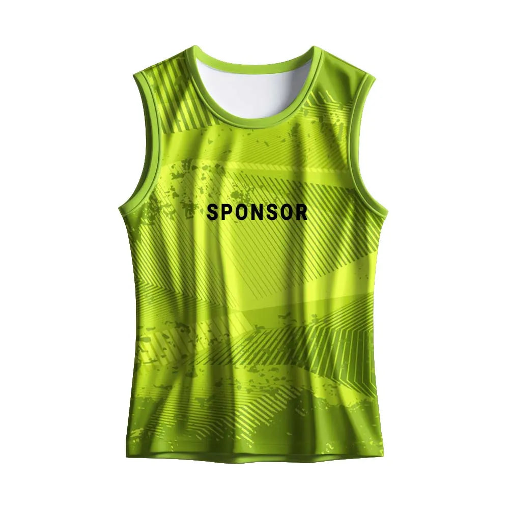 Front mockup of the lime-green singlet with abstract stripe print showing sponsor text placement