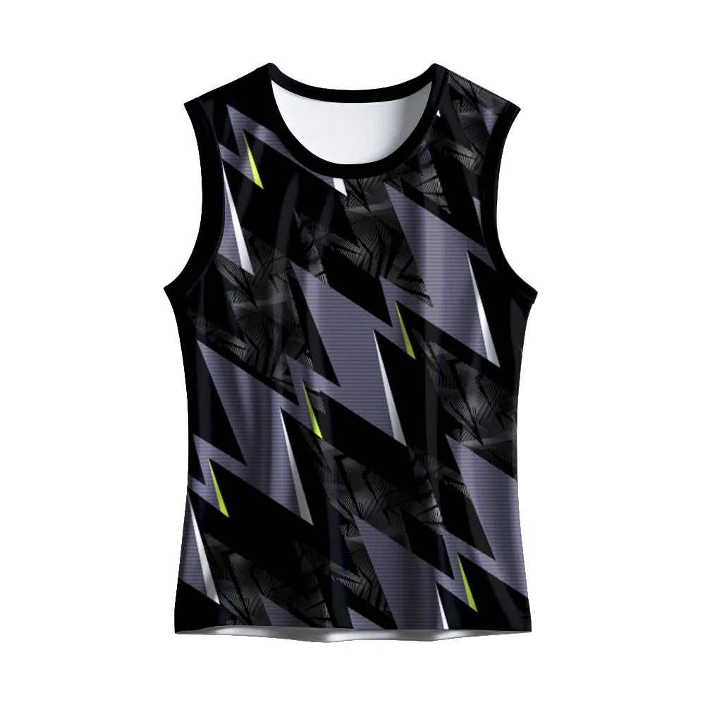 Front view of the black and grey zigzag singlet with lime accents
