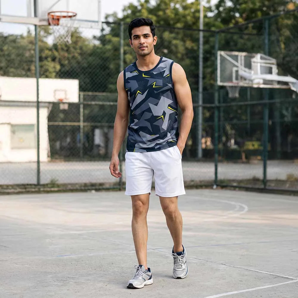 Model wearing charcoal geometric camouflage singlet with lime accents and white shorts on a basketball court