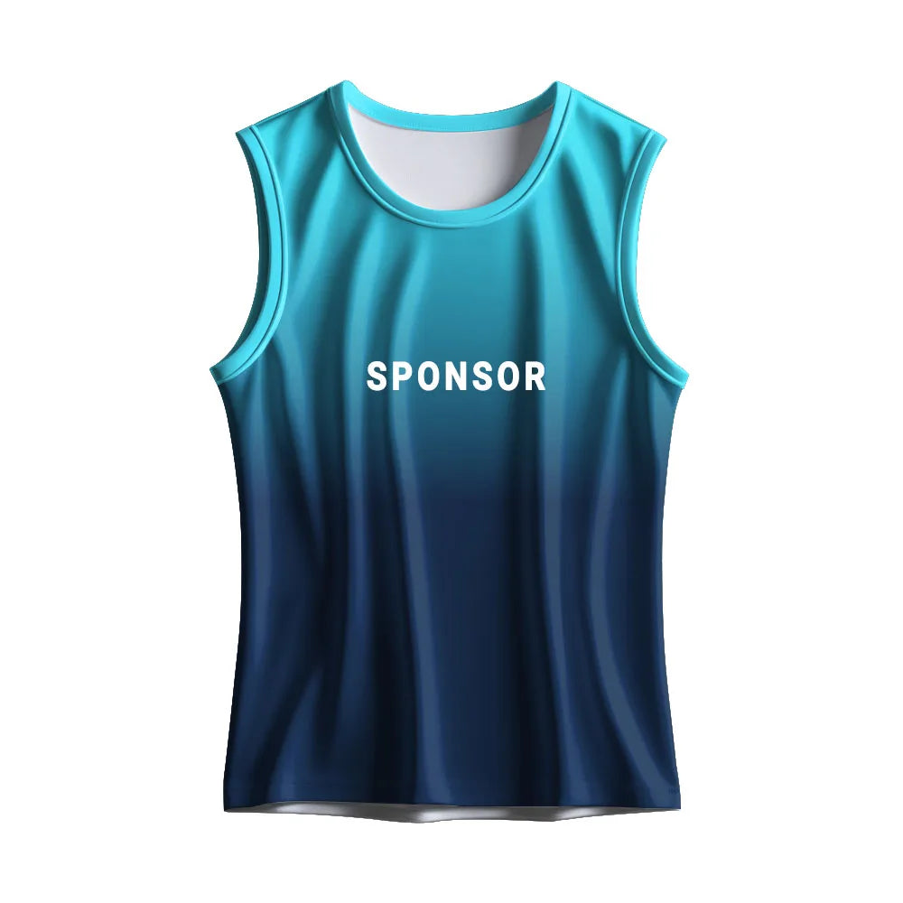 Front mockup of the turquoise-to-navy gradient singlet showing sponsor text placement