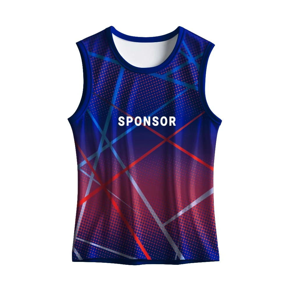 Front mockup of the blue and purple singlet with red and light-blue crossing lines showing sponsor text placement