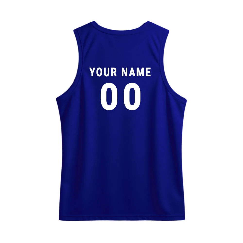 Back mockup showing player name and number on the plain royal-blue back