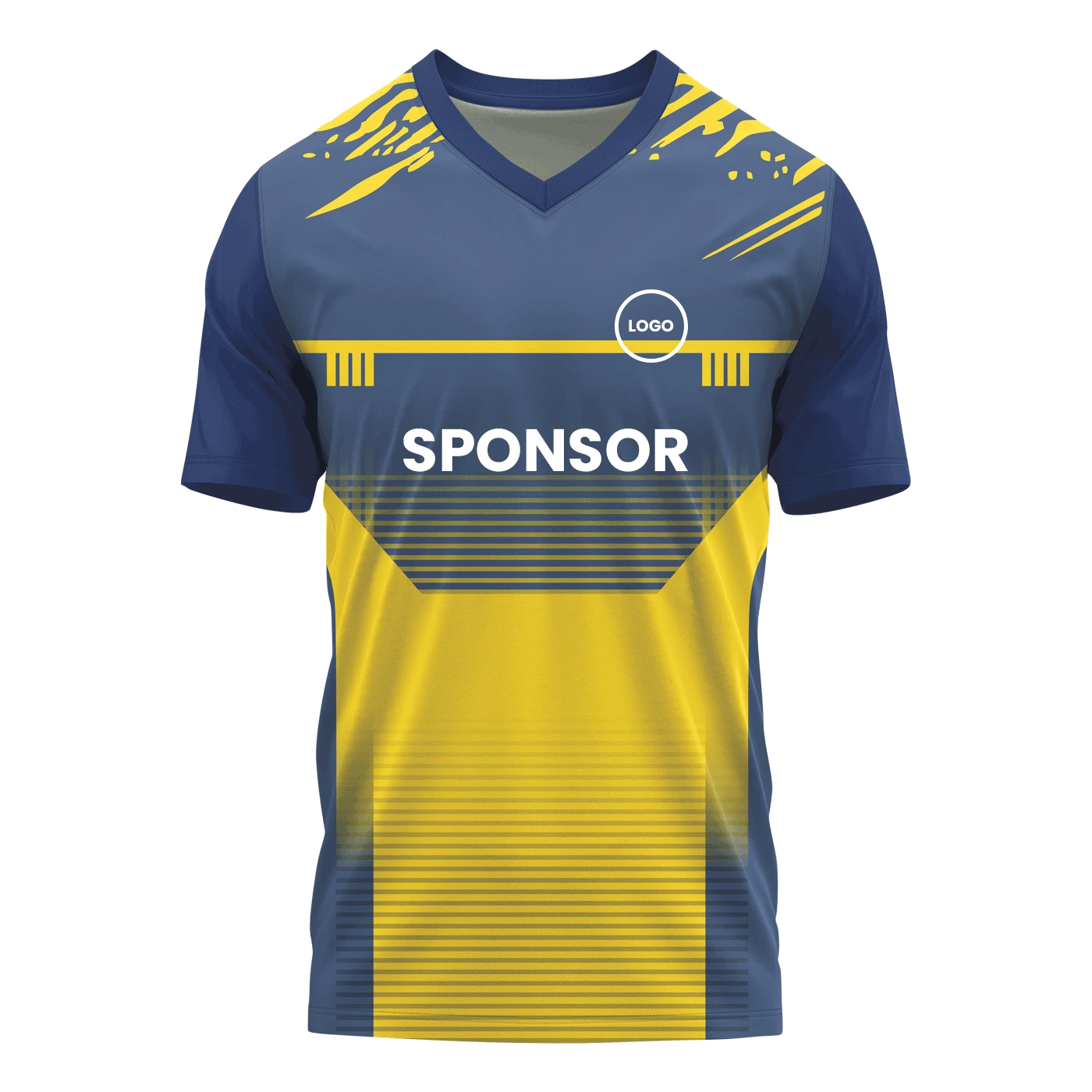प्रीमियम V नेक जर्सी - कस्टम टीमवियर - ब्लू और येलो - सैंपल
