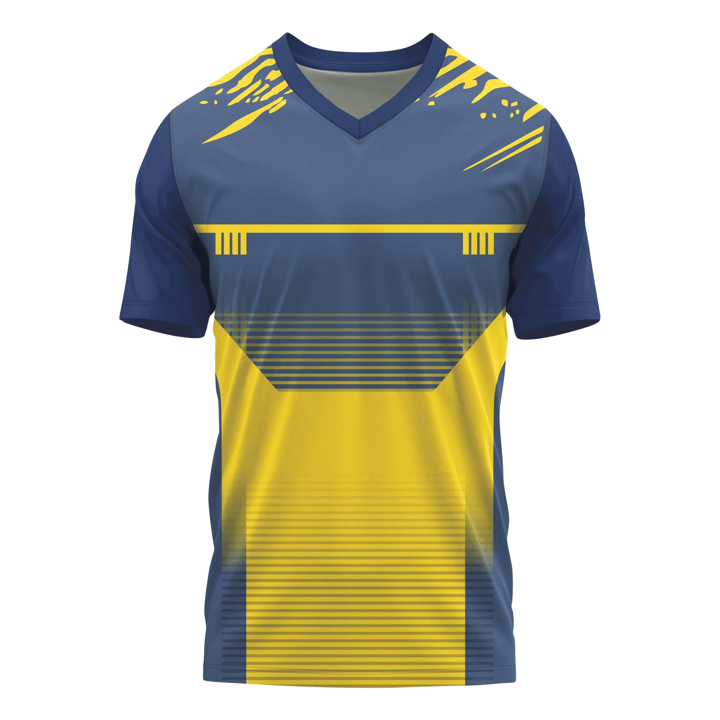 प्रीमियम V नेक जर्सी - कस्टम टीमवियर - ब्लू और येलो - सैंपल
