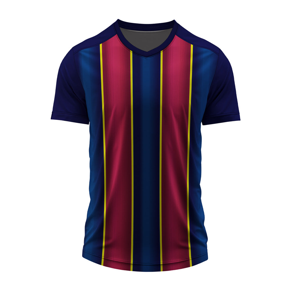 Blue and maroon striped V-neck sports jersey with custom logo, player name, number, and sponsor branding options.