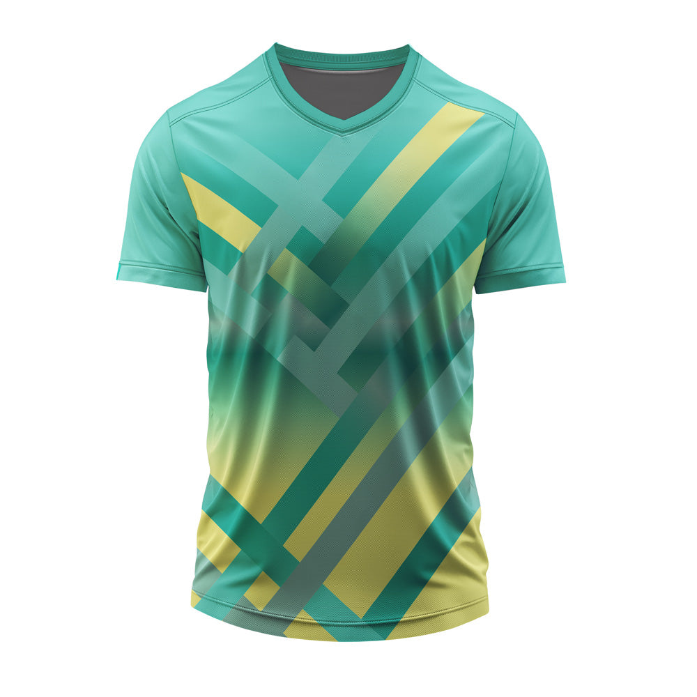 Mint green athletic V-neck sports jersey with crossover graphic pattern, customizable with logo, player name, number, and sponsor branding.