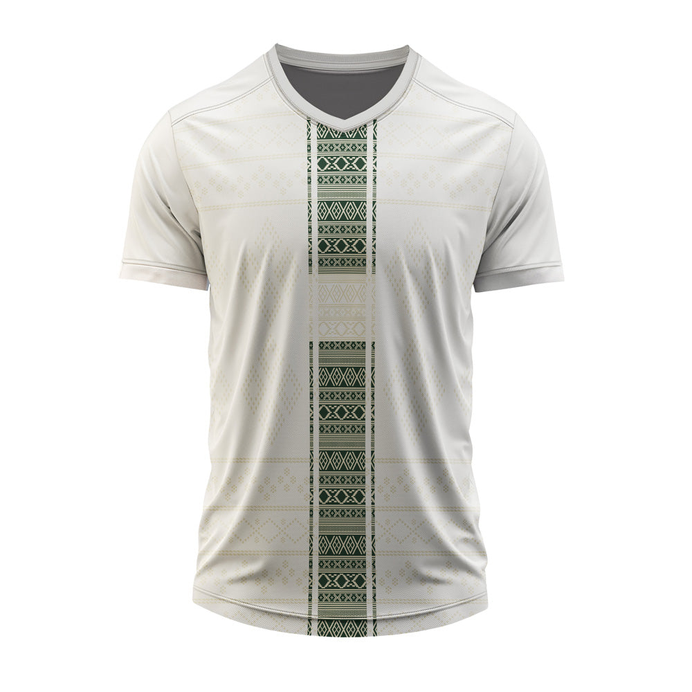 White V-neck custom sports jersey with geometric center panel design, personalized with team logo, player name, number, and sponsor branding.