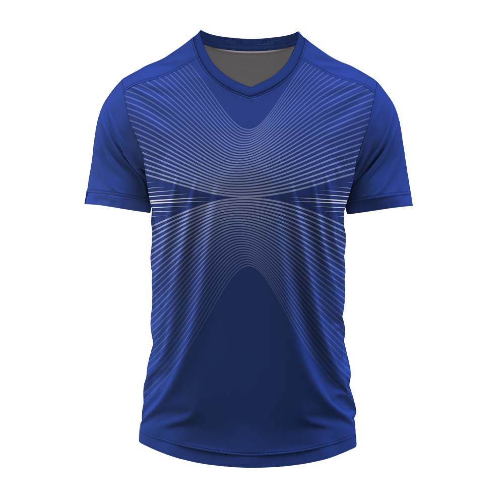 Royal blue custom V neck sports jersey with wave line pattern and personalized sublimation printing for team uniforms.
