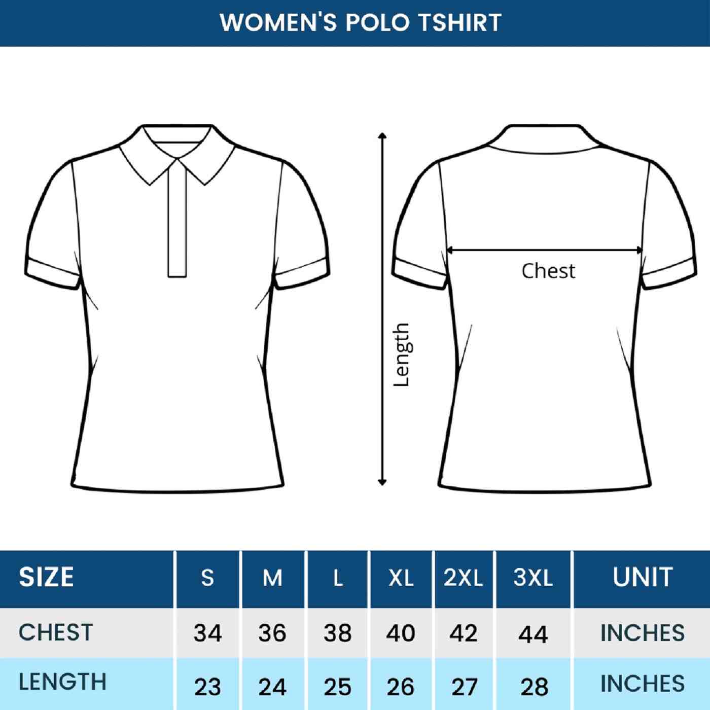 Women's polo t-shirt size chart,Female polo shirt sizing,Polo neck t-shirt size chart for women,Polo t-shirt fit guide for women,Women's slim fit polo shirt size chart