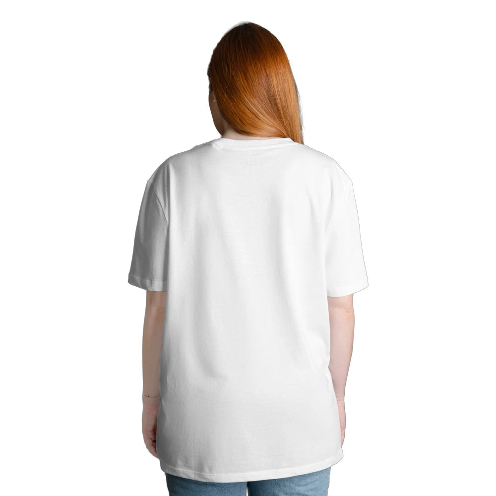 “Back View of Women’s Oversized White T-Shirt with Down Shoulder and Baggy Fit, Plain Casual Streetwear Style, Relaxed Comfort Fit Tee