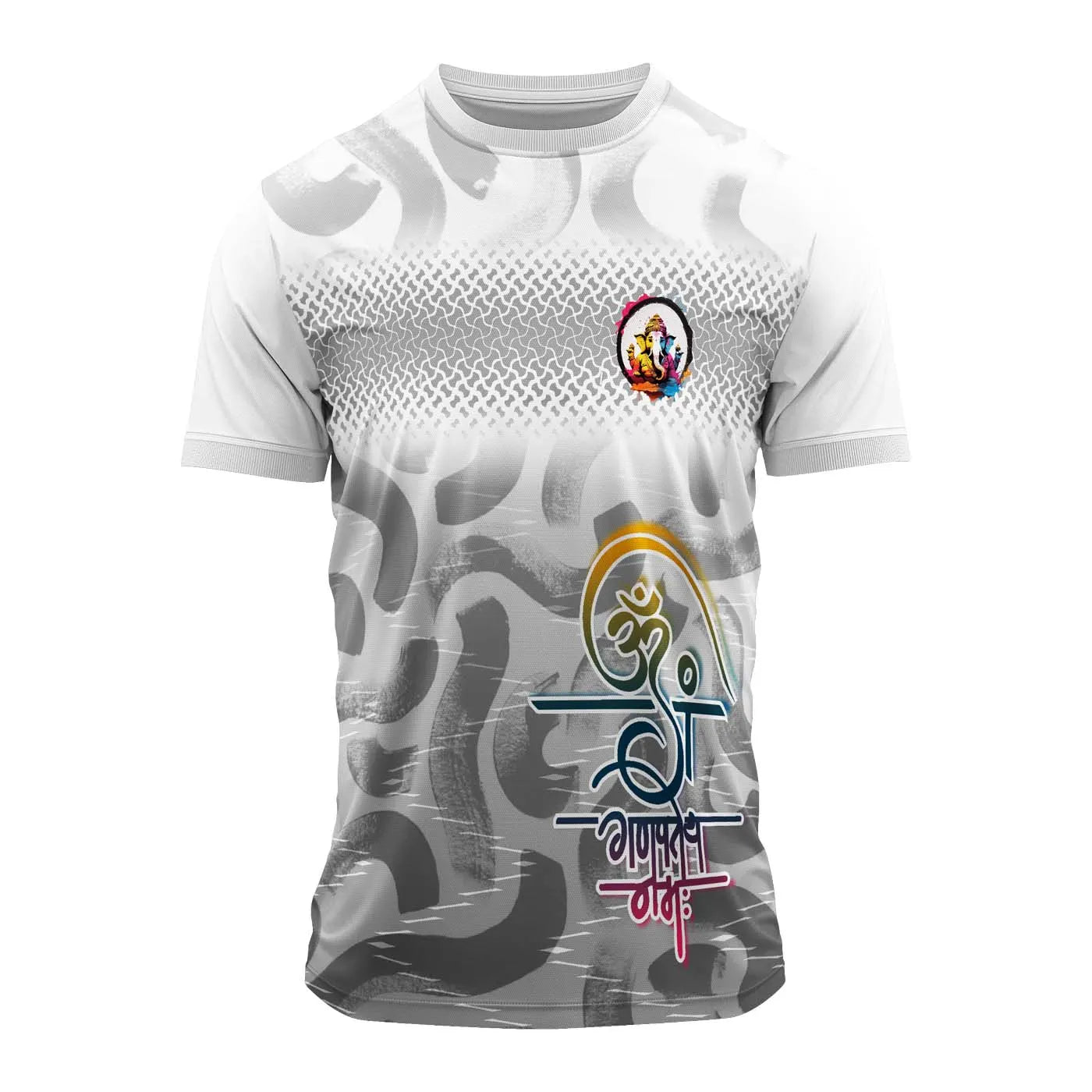 Ganpati jersey, Om Ganesh t-shirt, Lord Ganesha jersey, spiritual sportswear, Hindu festival t-shirt, polyester gym tee, devotional activewear, Ganesh Chaturthi clothing, Ganpati dry fit shirt, yoga spiritual t-shirt, quick-dry religious tee, Om symbol jersey, Ganesha printed jersey, Hindu deity shirt, Ganesh workout tee