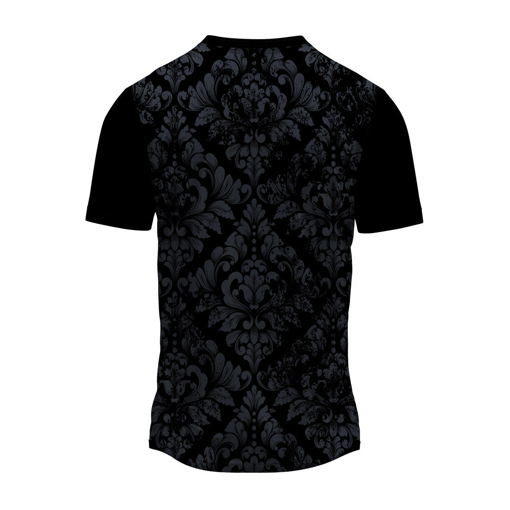 Black damask pattern round neck jersey back view