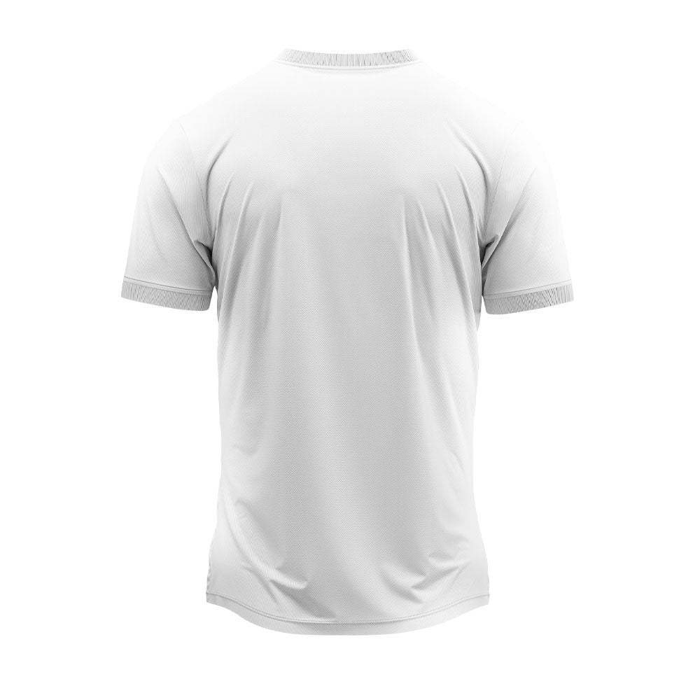 White jersey with tricolor stripe accent back view