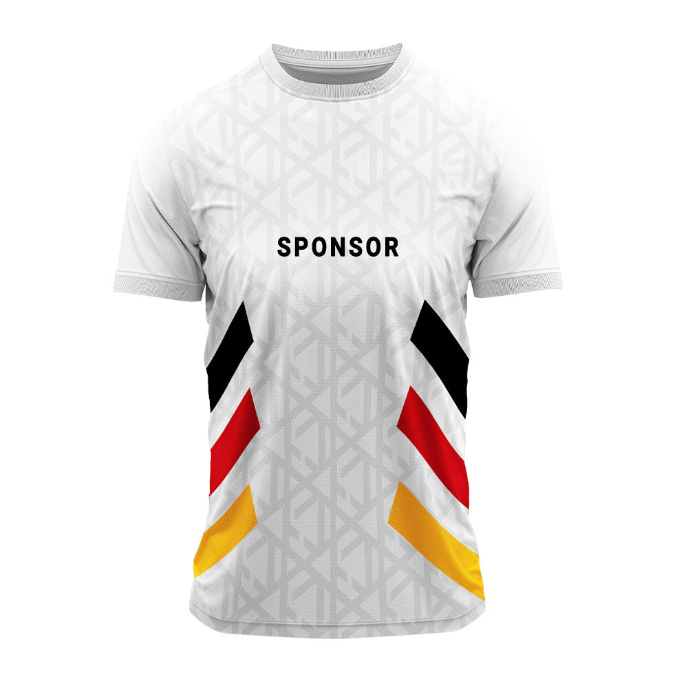 Jersey front with sample sponsor logo placement example