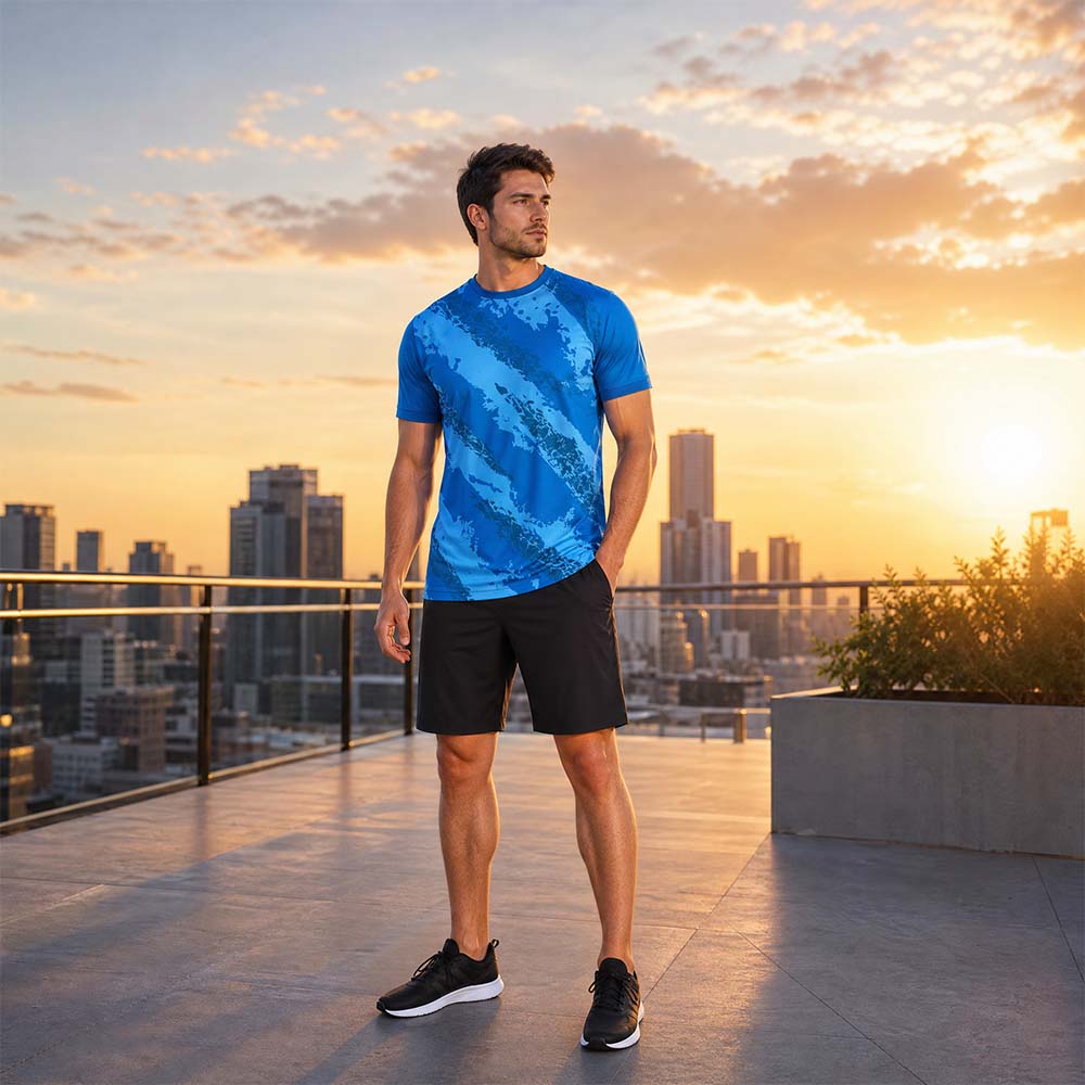 Model wearing blue marble jersey and black shorts set