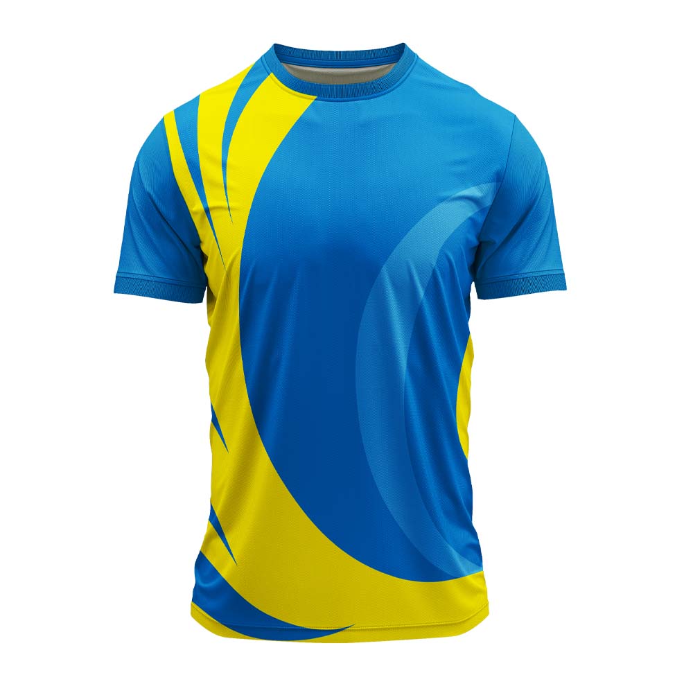 Blue yellow swoosh pattern round neck jersey front view