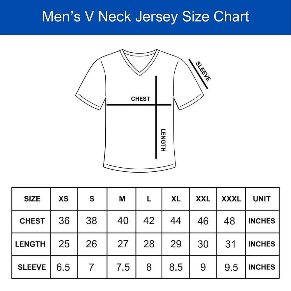 Men's V-neck jersey size chart, XS–3XL: chest 36–48 in, length 25–31 in, sleeve 6.5–9.5 in.