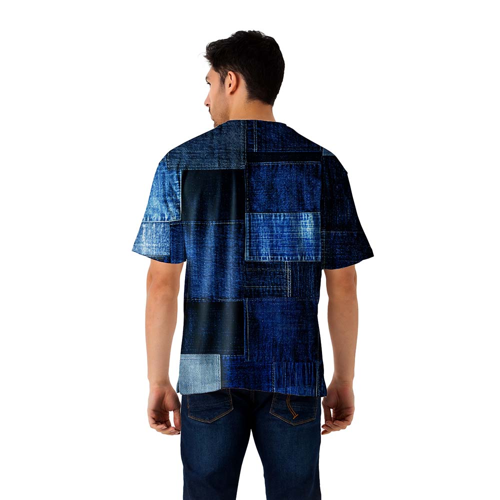 Blue Patchwork Dry fit Oversized Jersey T Shirt for Men - Denim Print Streetwear Jersey