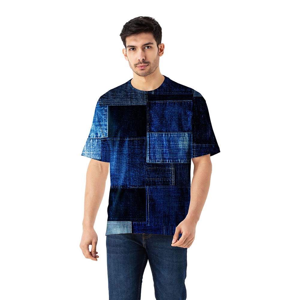 Blue Patchwork Dry fit Oversized Jersey T Shirt for Men - Denim Print Streetwear Jersey