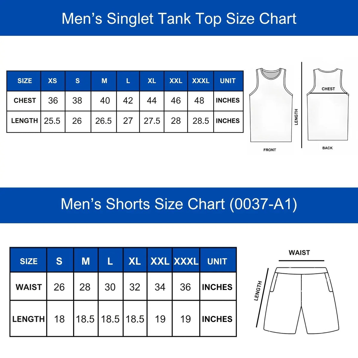 Men's singlet and shorts size chart with chest and waist measurements