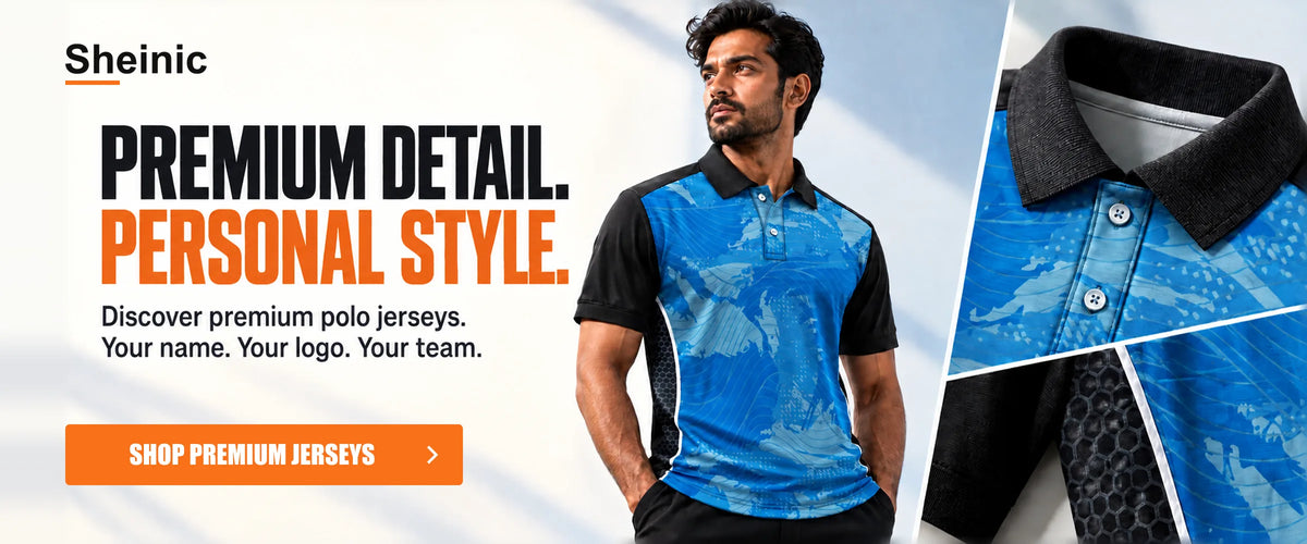 Premium blue and black custom polo jersey with fabric detail